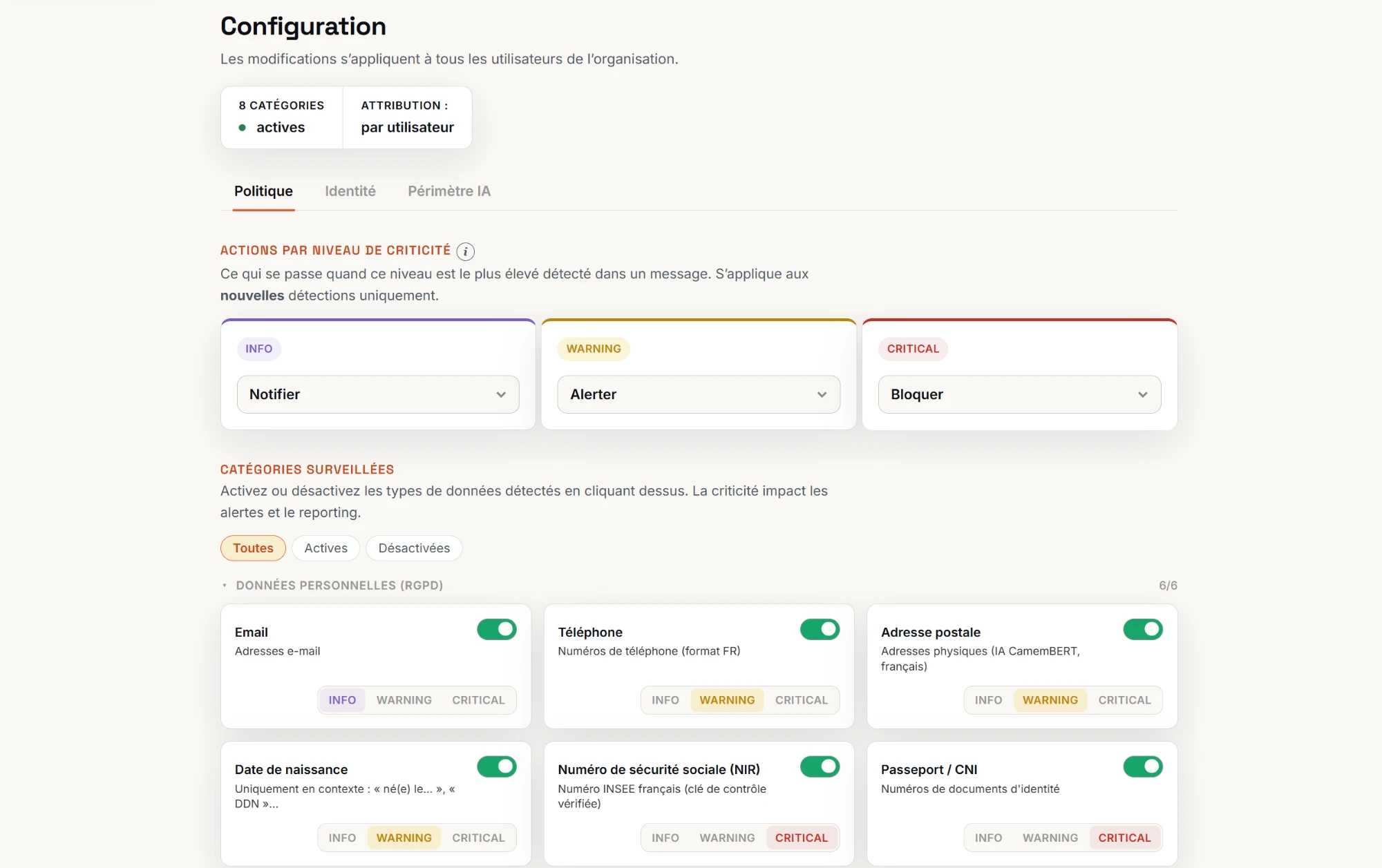 Configuration : action par niveau de criticité et catégories de données surveillées