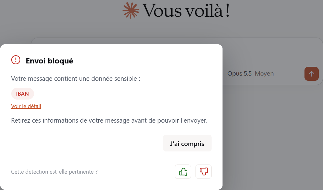 Fenêtre Firewall AI bloquant l'envoi d'un IBAN