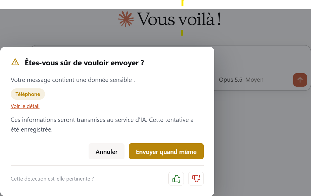 Fenêtre Firewall AI demandant de confirmer l'envoi d'un numéro de téléphone